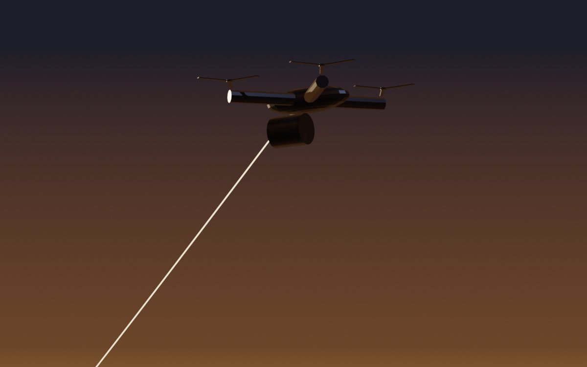 MEDUSA: a small drone at dusk trailing a fibre line toward the ground
