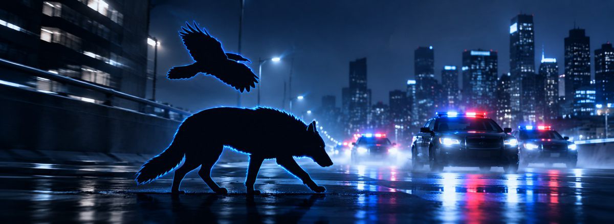 raven: a raven guiding a wolf through a city at night